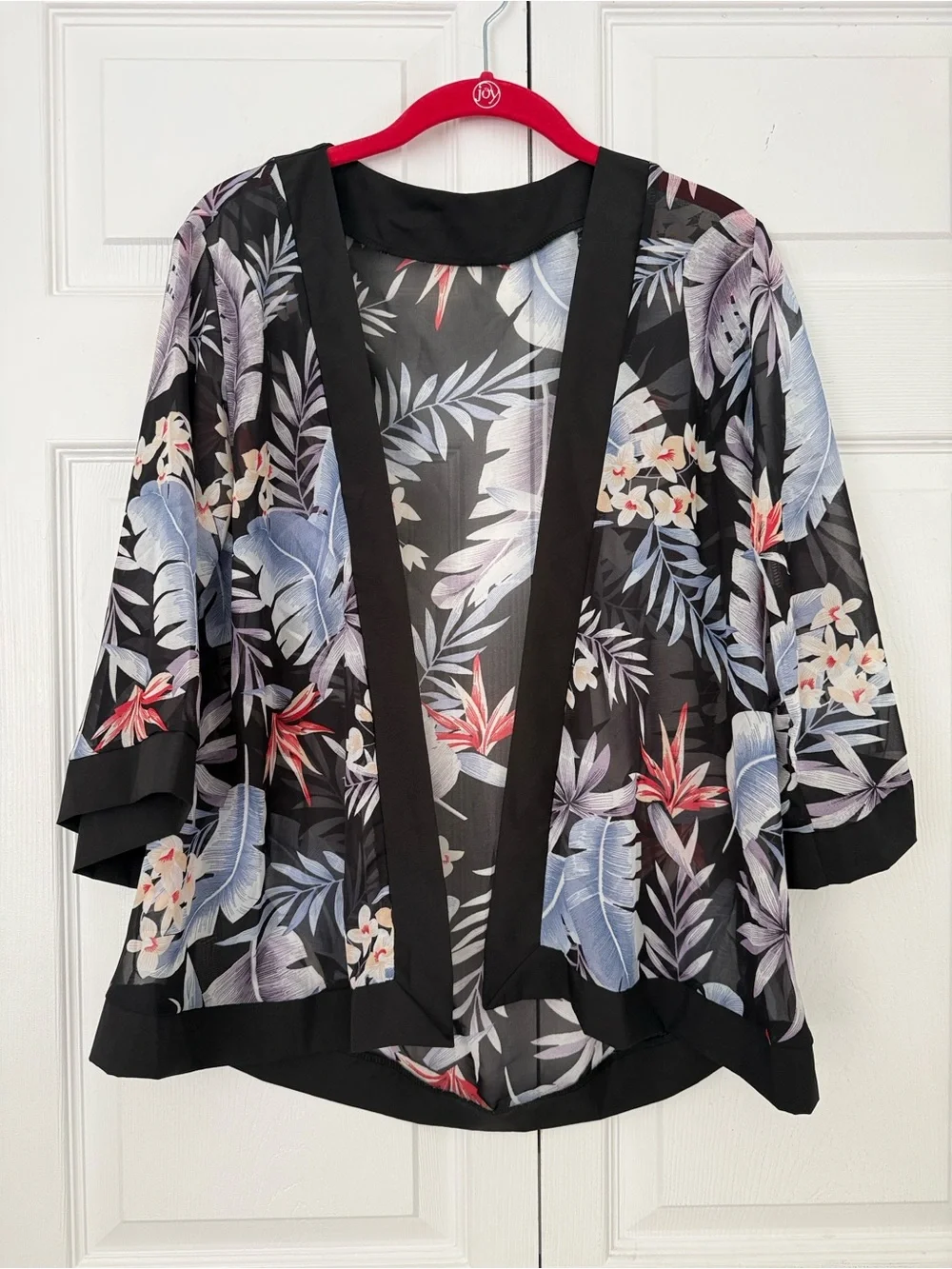 Thailand Sheer Tropical Floral Kimono Black Blue & Red Accents size S/M Coverup